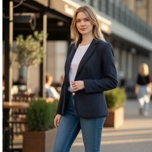 NEW Ann Taylor Loft Navy Blue Herringbone Wool Blend Blazer Jacket Size 14